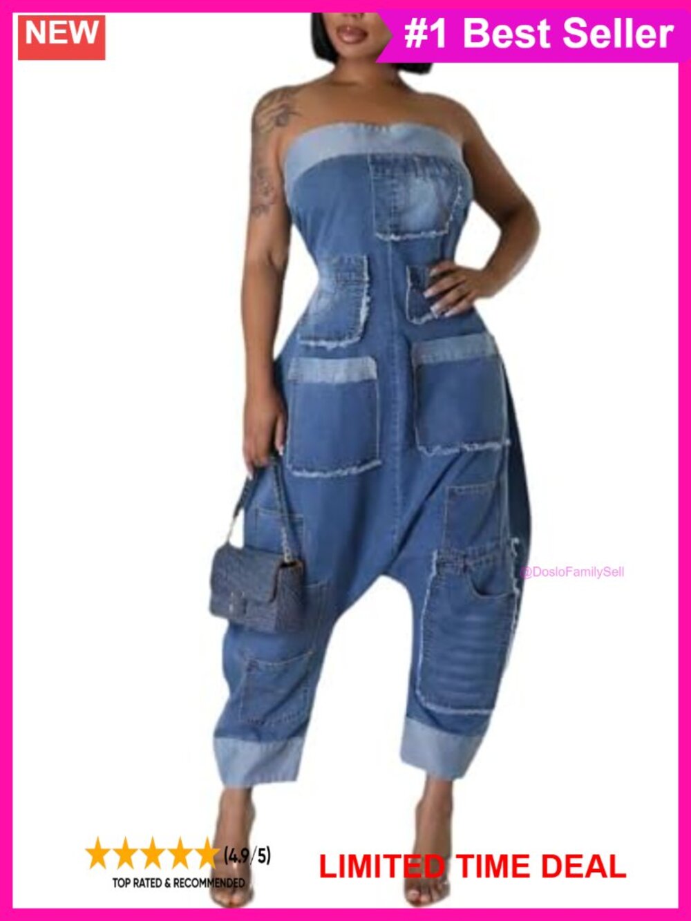 Strapless Wide Leg Cargo Denim Jumpsuit Loose Fit